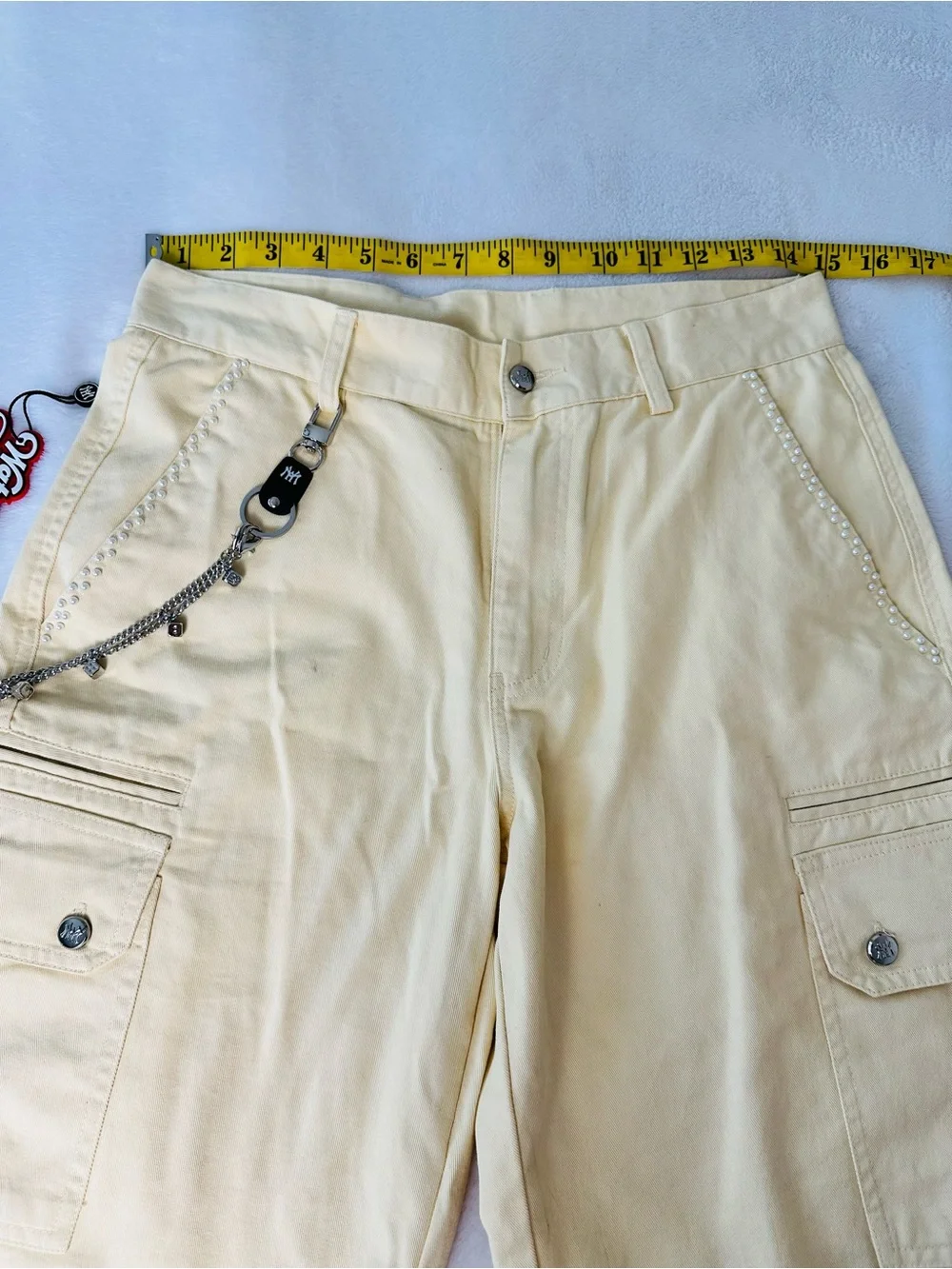 Watson Studios World Work Yellow Cargo Shorts  With Pearls and Dice Chain Size S